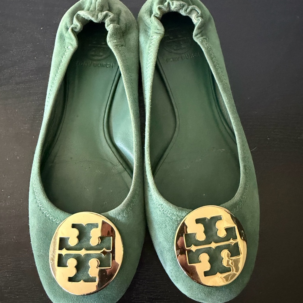 Tory Burch Green Suede Logo Ballet Flats with Gold Medallions